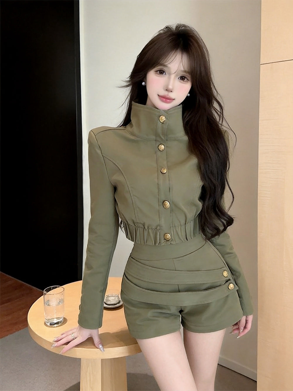 High-Neck Gold Button Jacket & Ruched Shorts Set