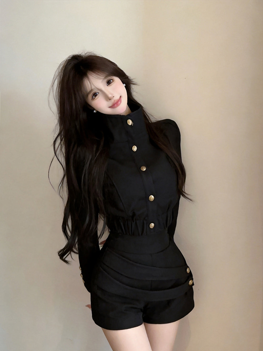 High-Neck Gold Button Jacket & Ruched Shorts Set