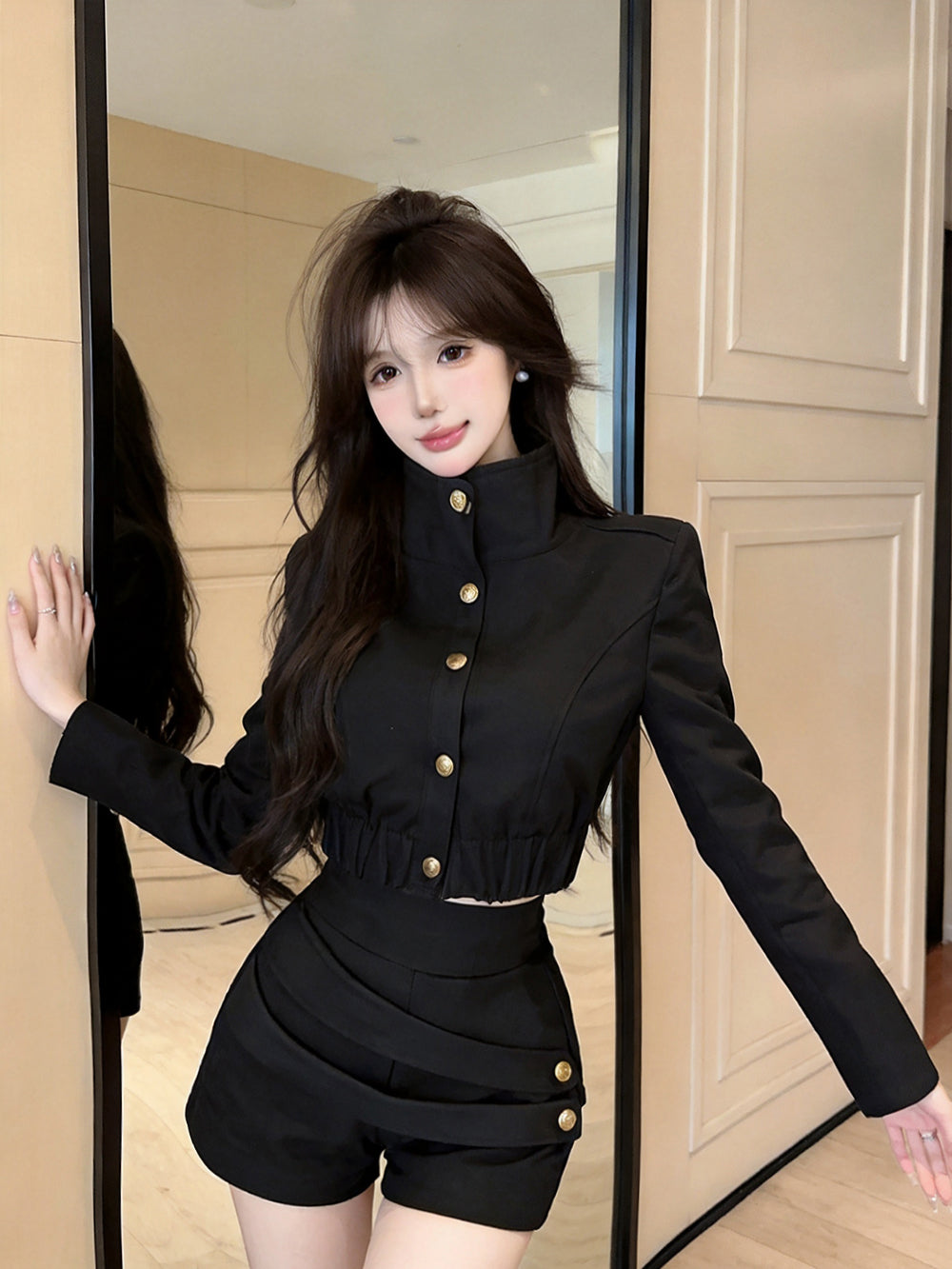 High-Neck Gold Button Jacket & Ruched Shorts Set