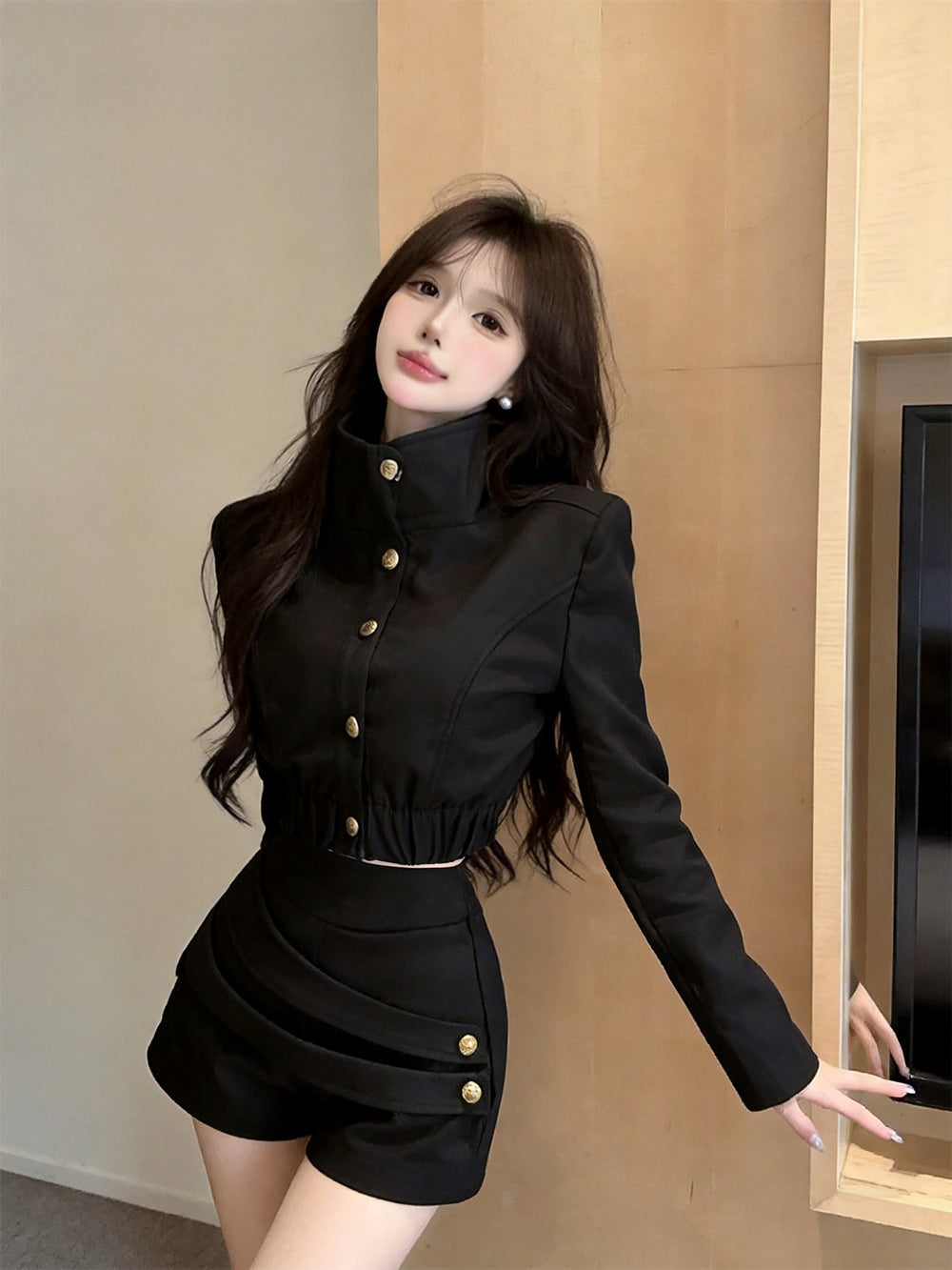 High-Neck Gold Button Jacket & Ruched Shorts Set