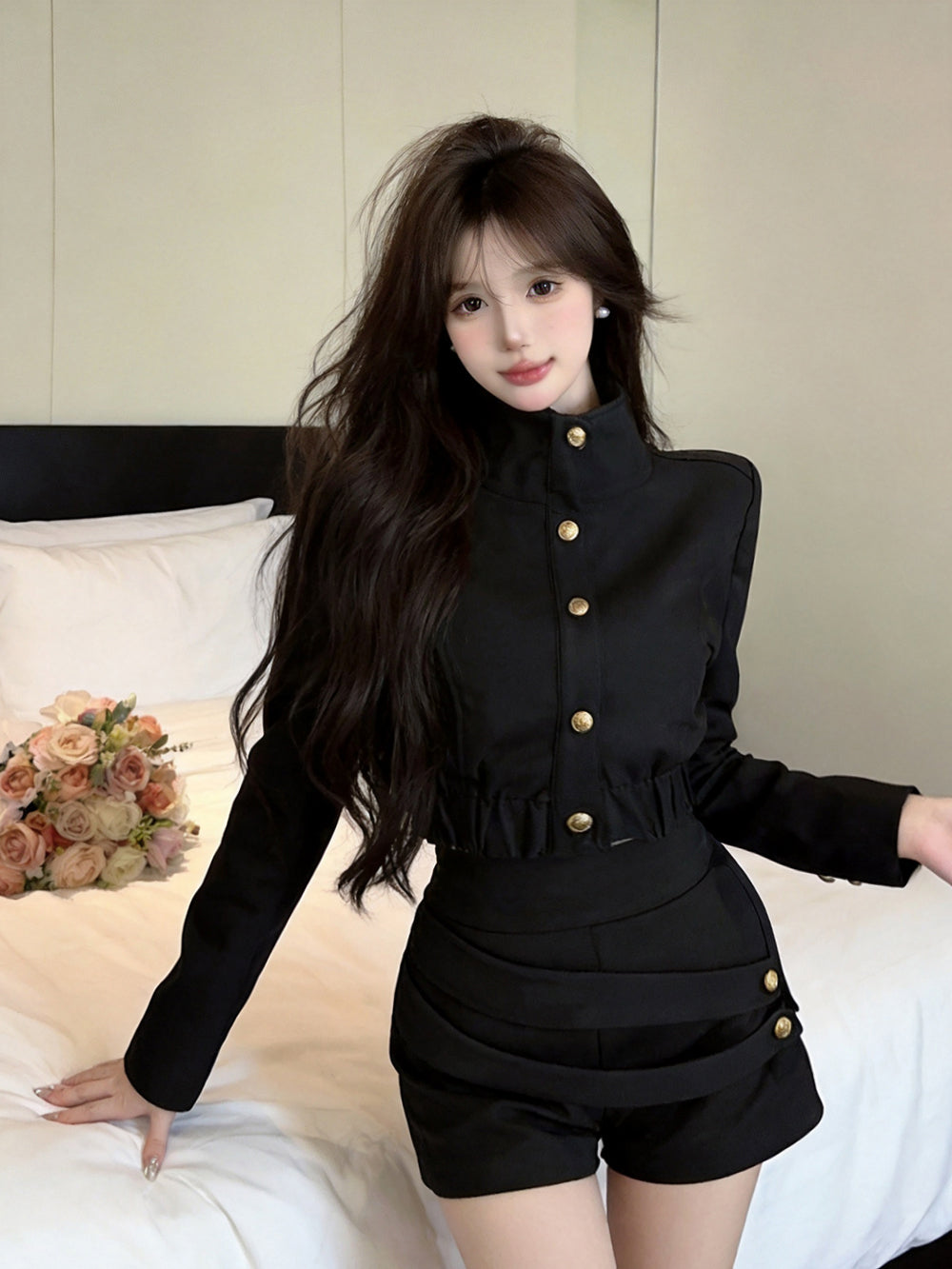High-Neck Gold Button Jacket & Ruched Shorts Set