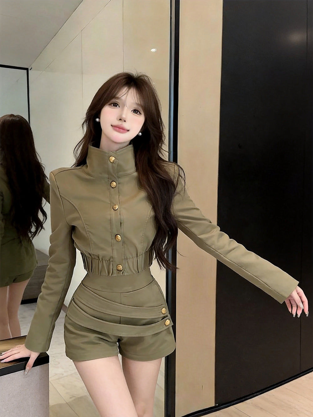 High-Neck Gold Button Jacket & Ruched Shorts Set