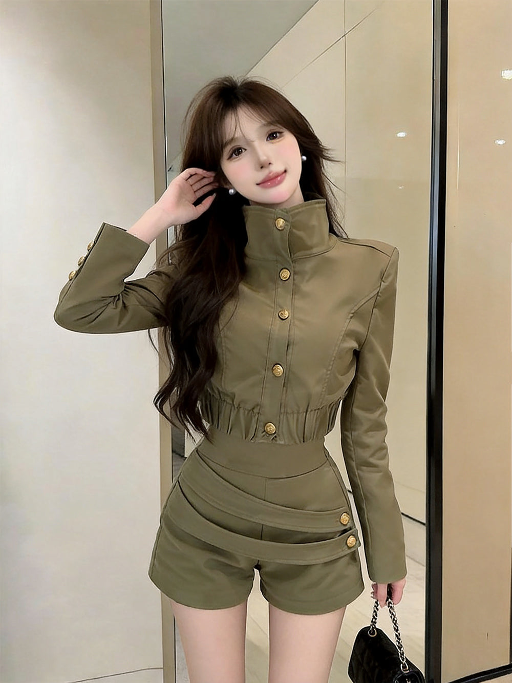 High-Neck Gold Button Jacket & Ruched Shorts Set
