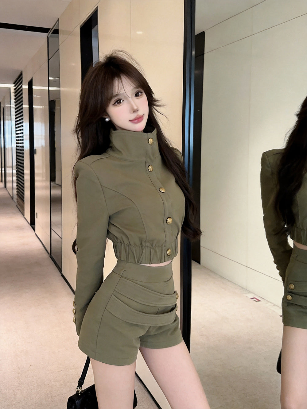 High-Neck Gold Button Jacket & Ruched Shorts Set