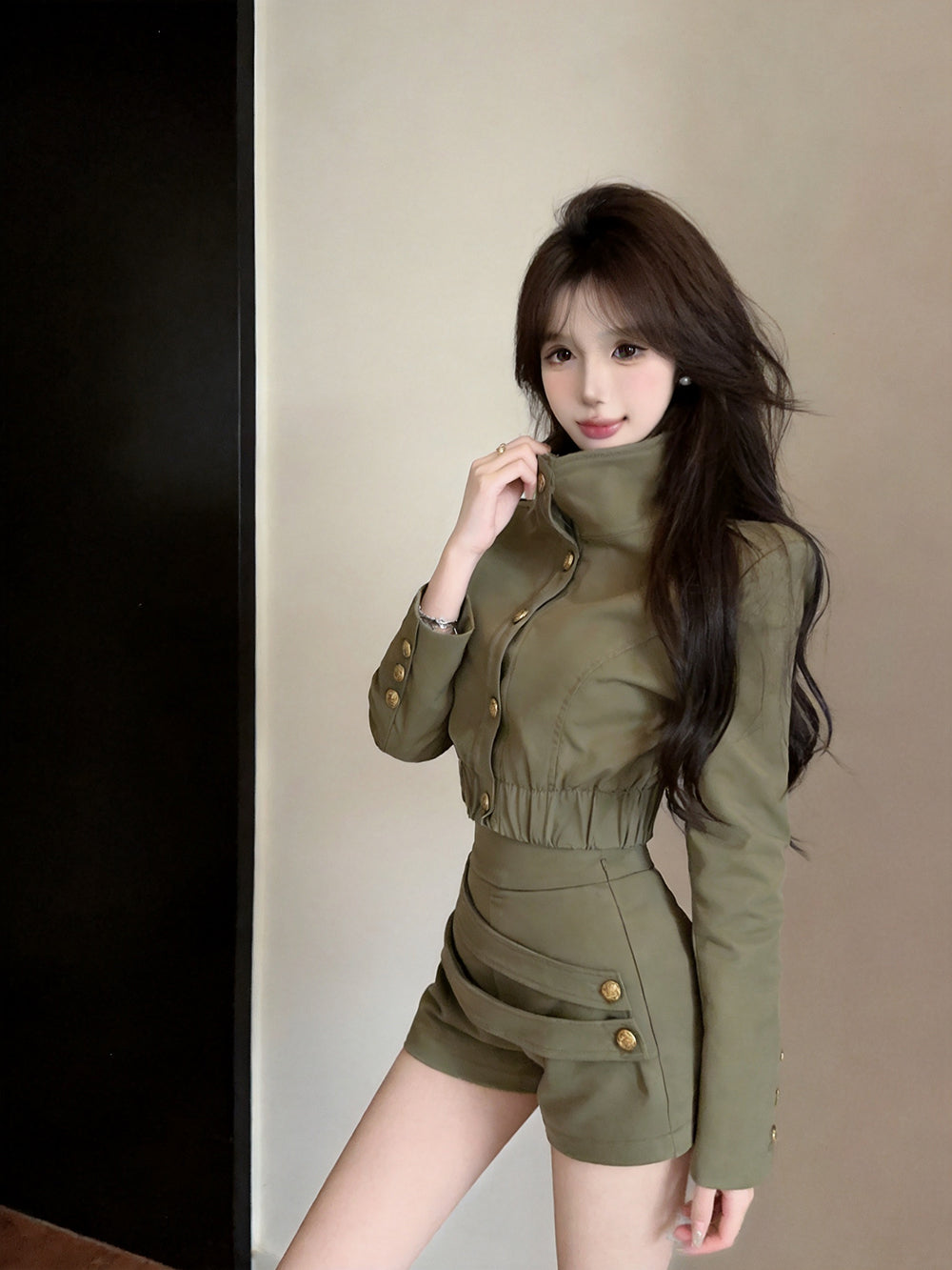 High-Neck Gold Button Jacket & Ruched Shorts Set