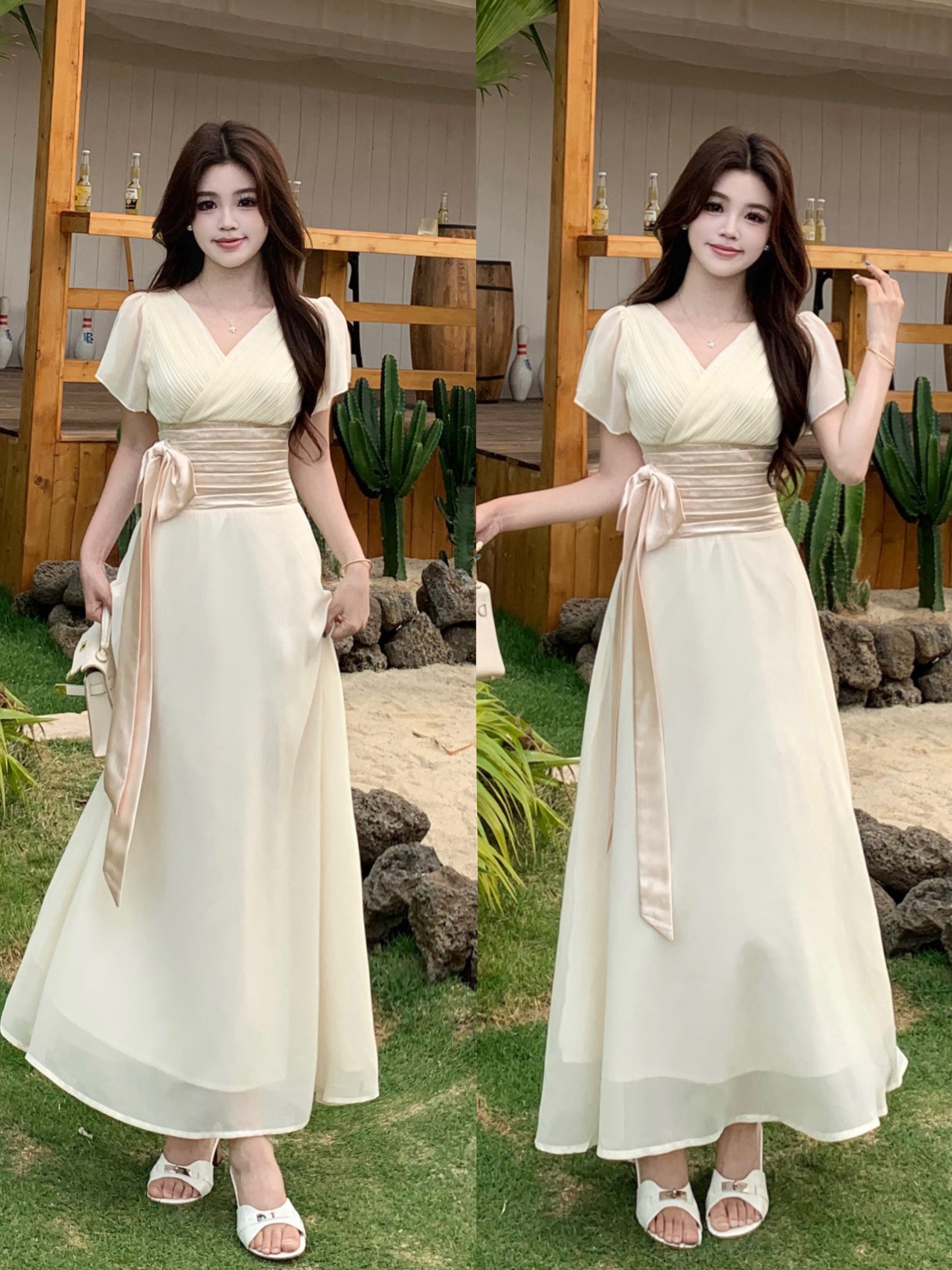 Vintage Style Chiffon Dress With Ruched Waist