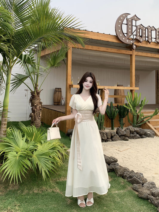 Vintage Style Chiffon Dress With Ruched Waist