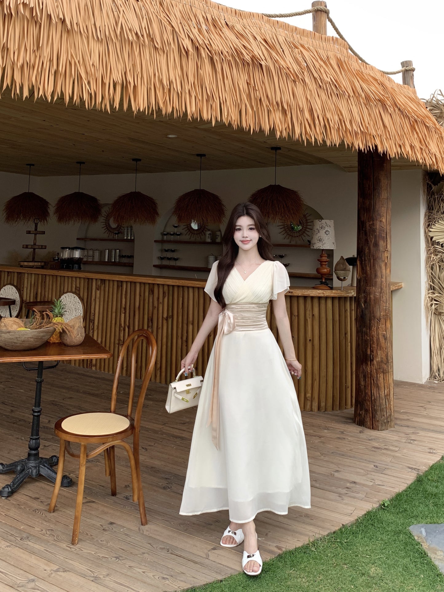 Vintage Style Chiffon Dress With Ruched Waist