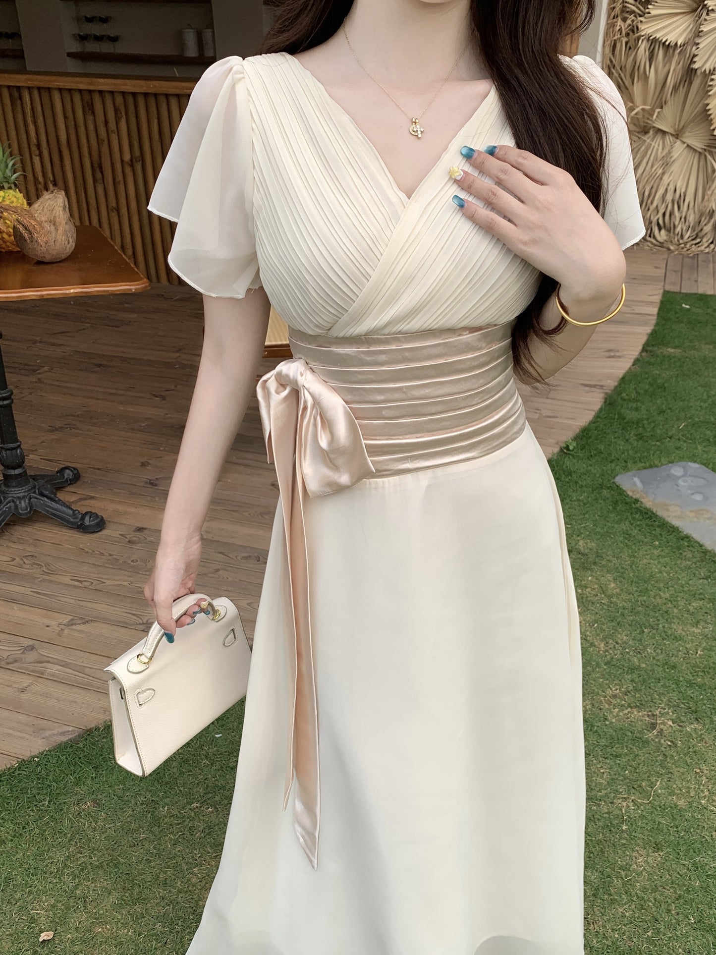Vintage Style Chiffon Dress With Ruched Waist