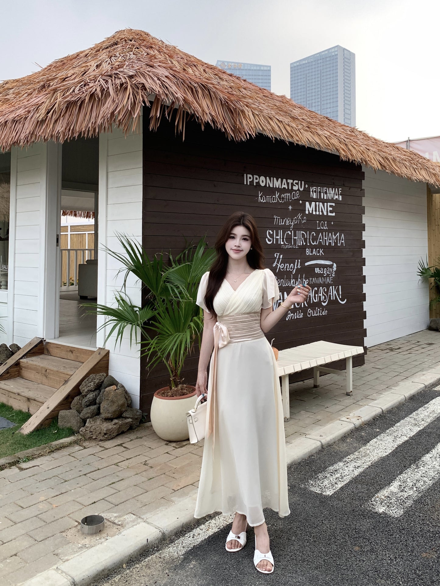 Vintage Style Chiffon Dress With Ruched Waist