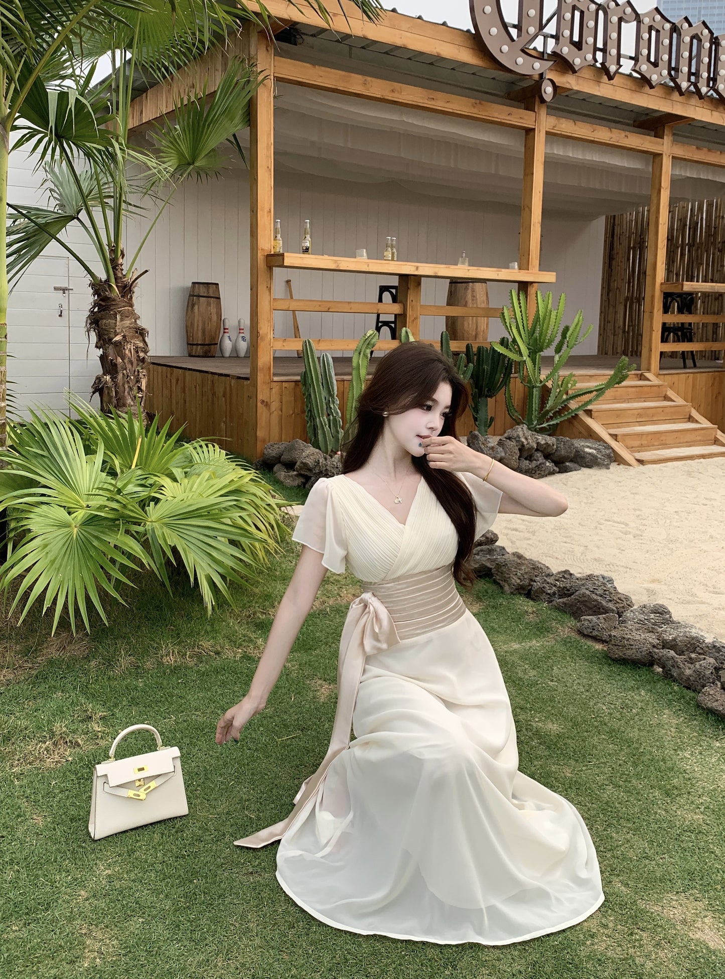 Vintage Style Chiffon Dress With Ruched Waist