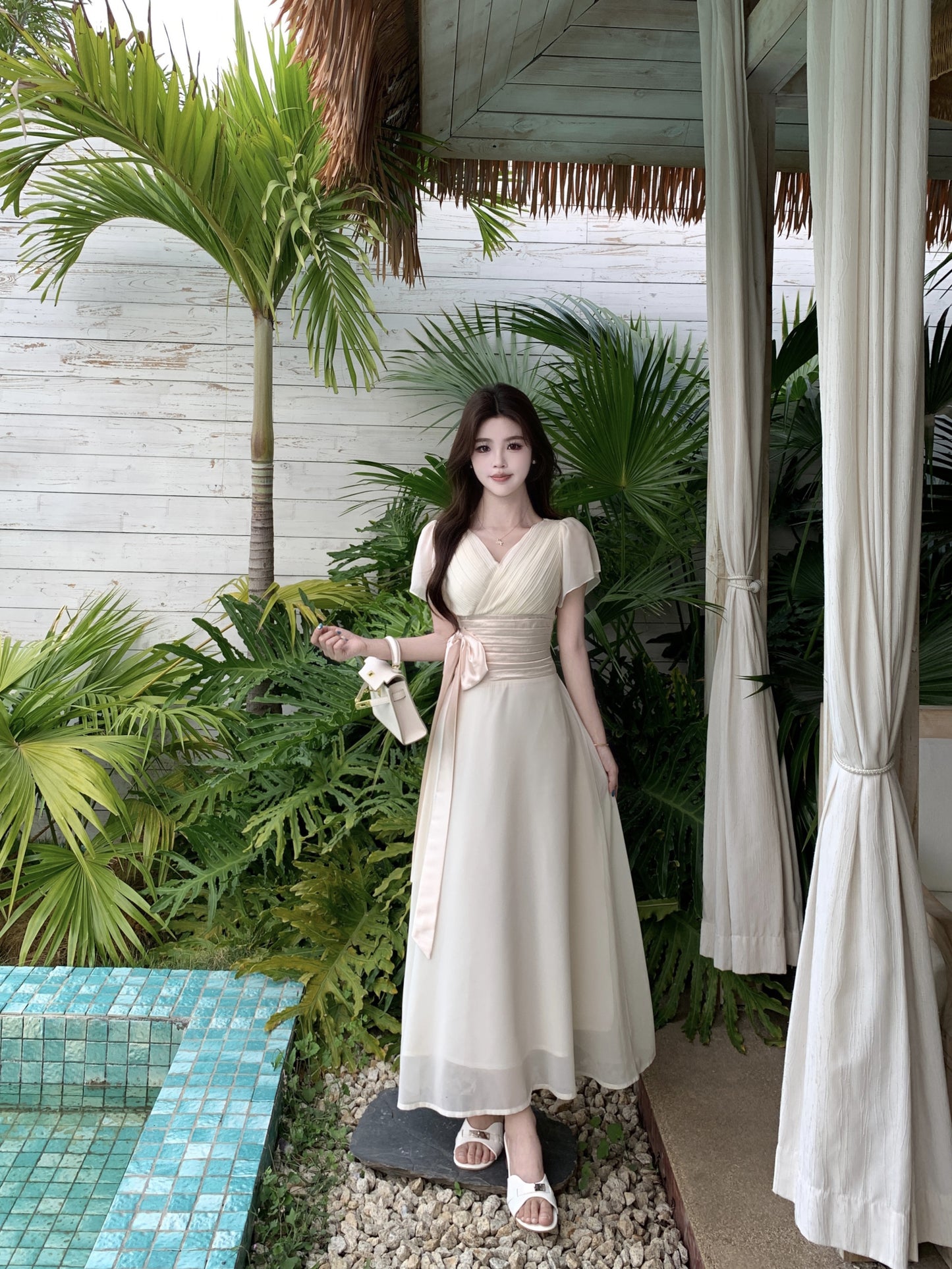 Vintage Style Chiffon Dress With Ruched Waist