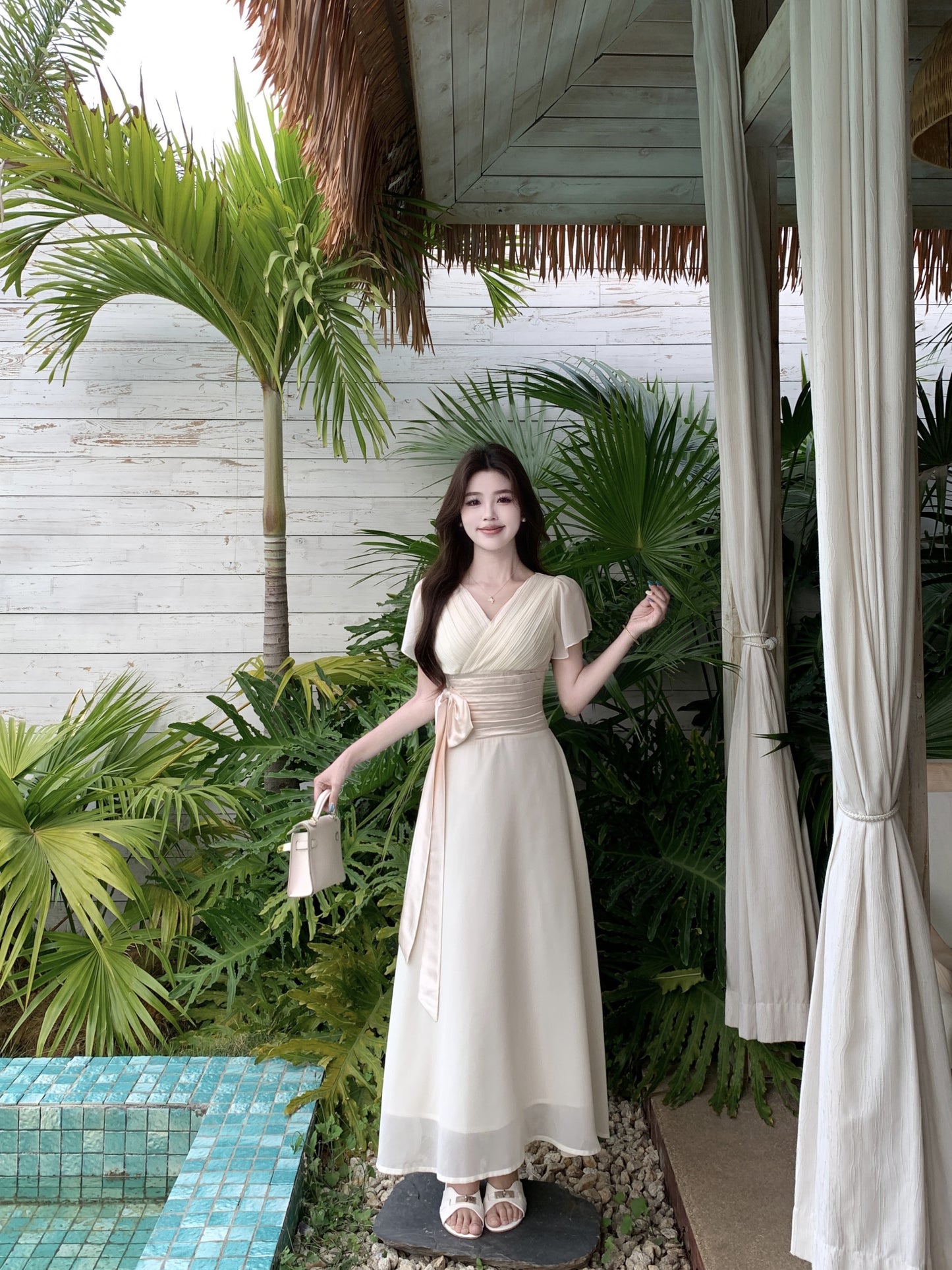 Vintage Style Chiffon Dress With Ruched Waist