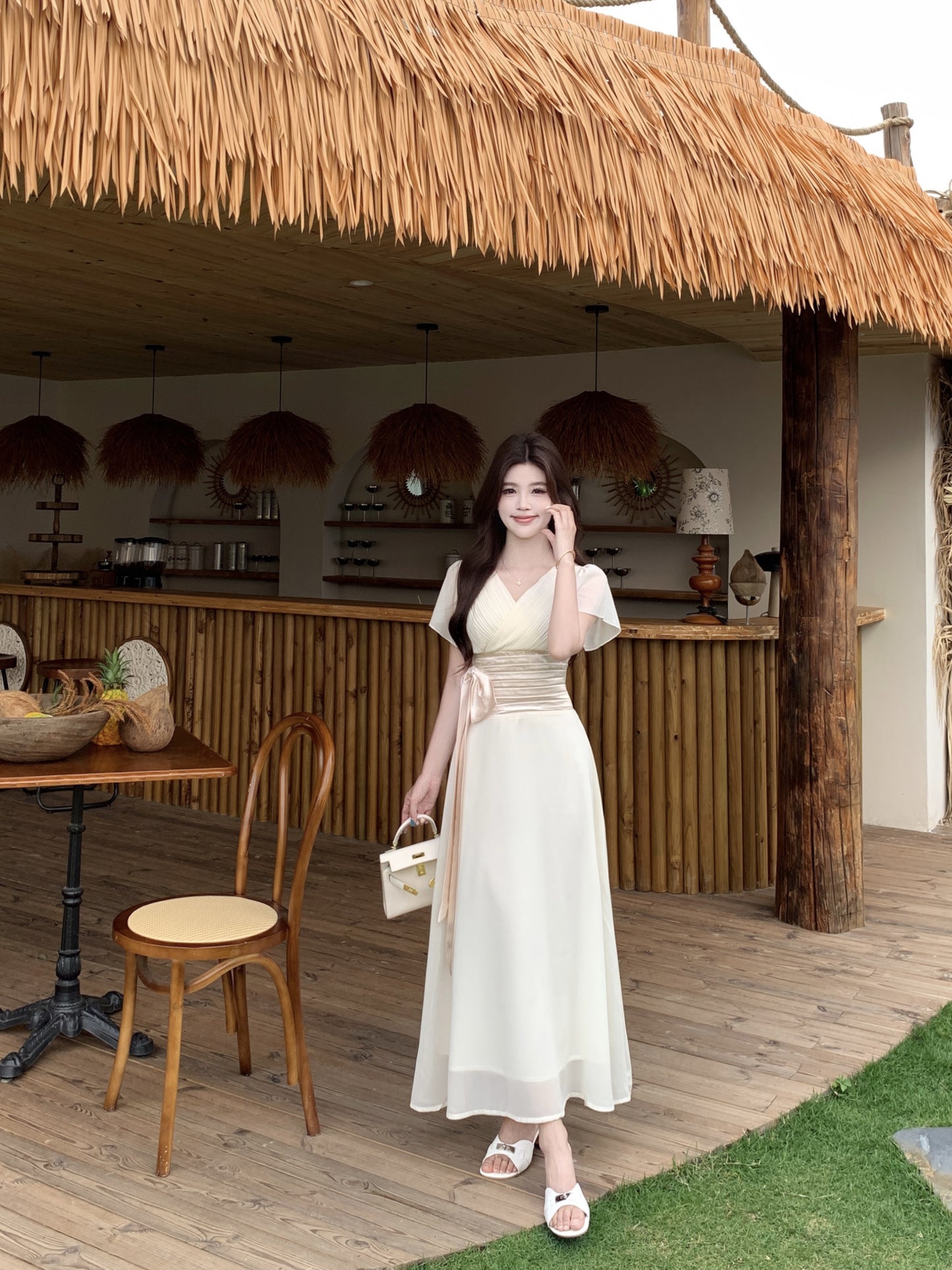 Vintage Style Chiffon Dress With Ruched Waist