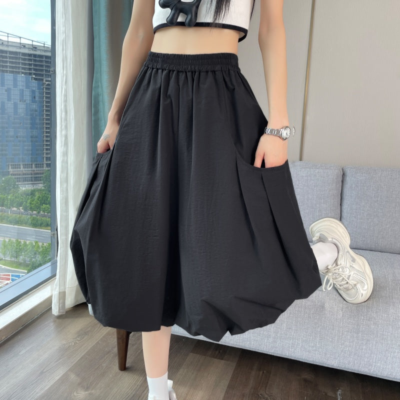 High-Waisted Bubble Hem Wide-Leg Capri Pants