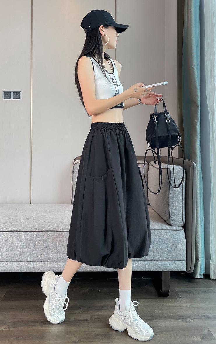 High-Waisted Bubble Hem Wide-Leg Capri Pants