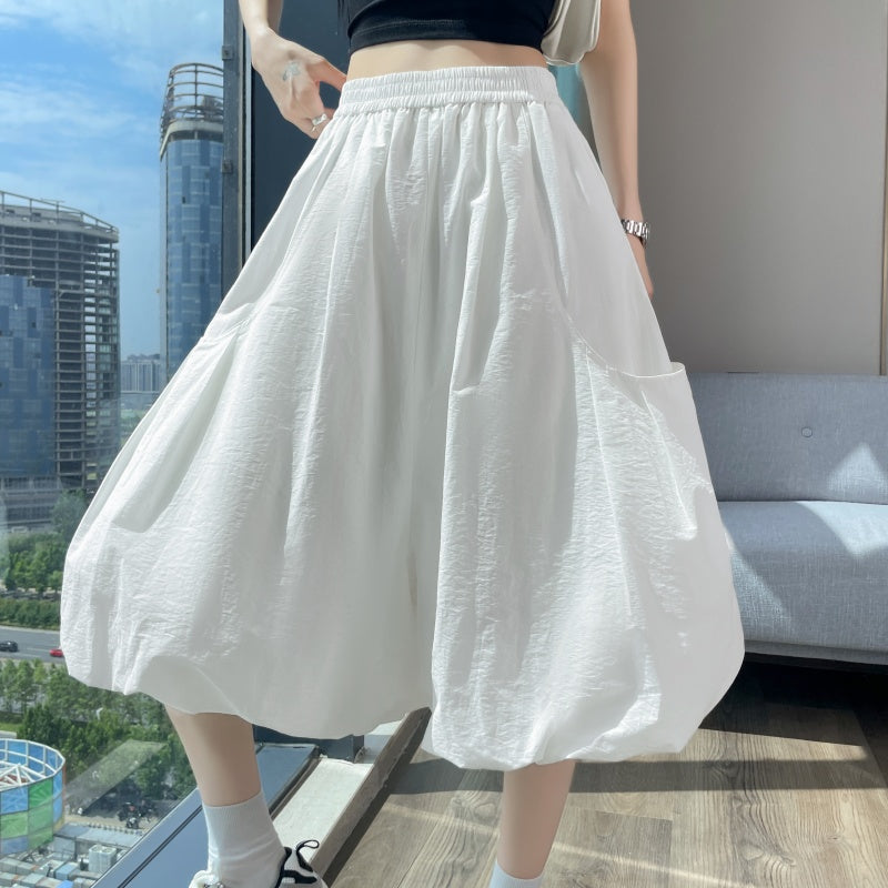 High-Waisted Bubble Hem Wide-Leg Capri Pants