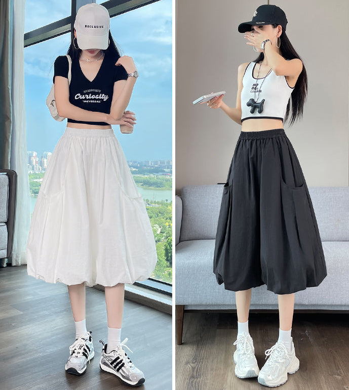 High-Waisted Bubble Hem Wide-Leg Capri Pants