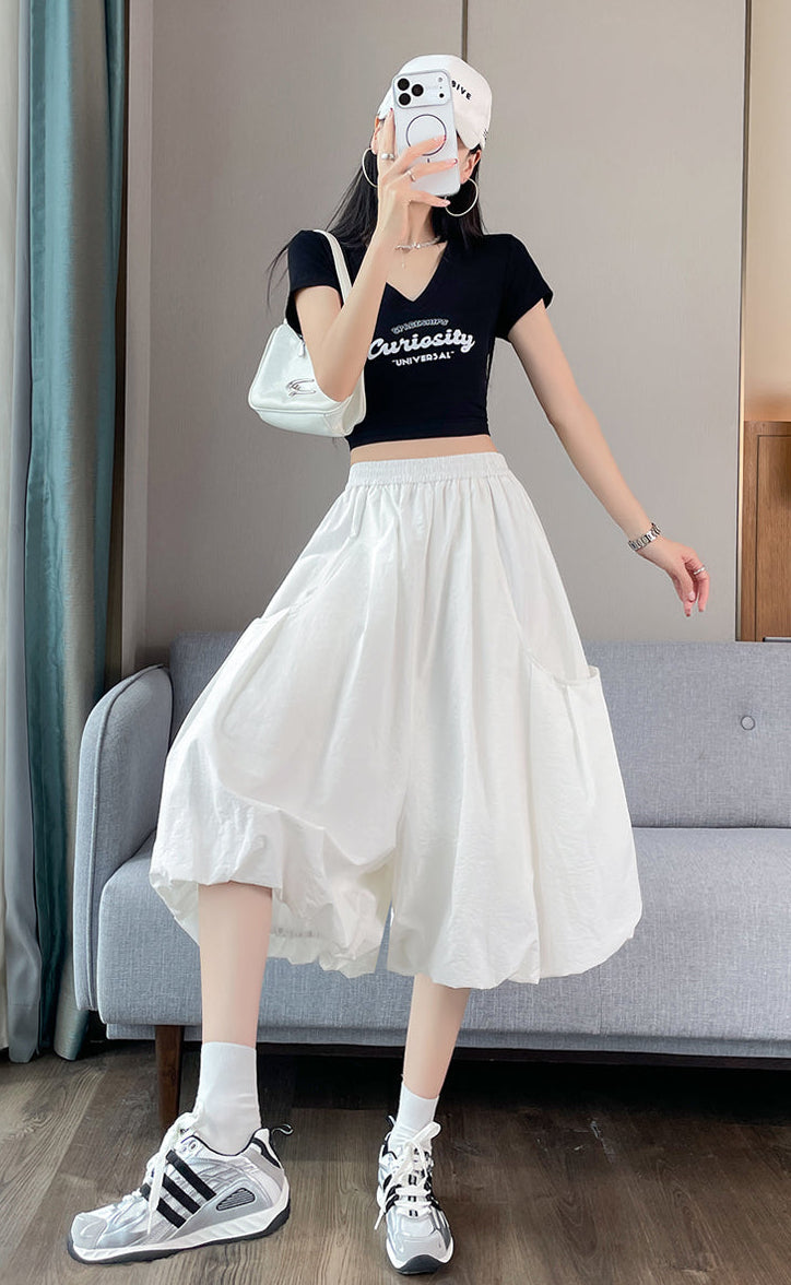 High-Waisted Bubble Hem Wide-Leg Capri Pants