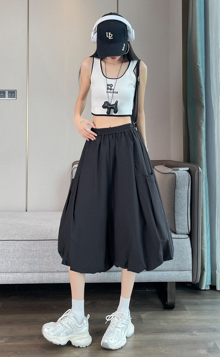 High-Waisted Bubble Hem Wide-Leg Capri Pants