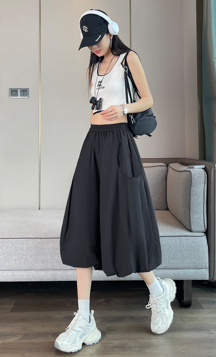 High-Waisted Bubble Hem Wide-Leg Capri Pants