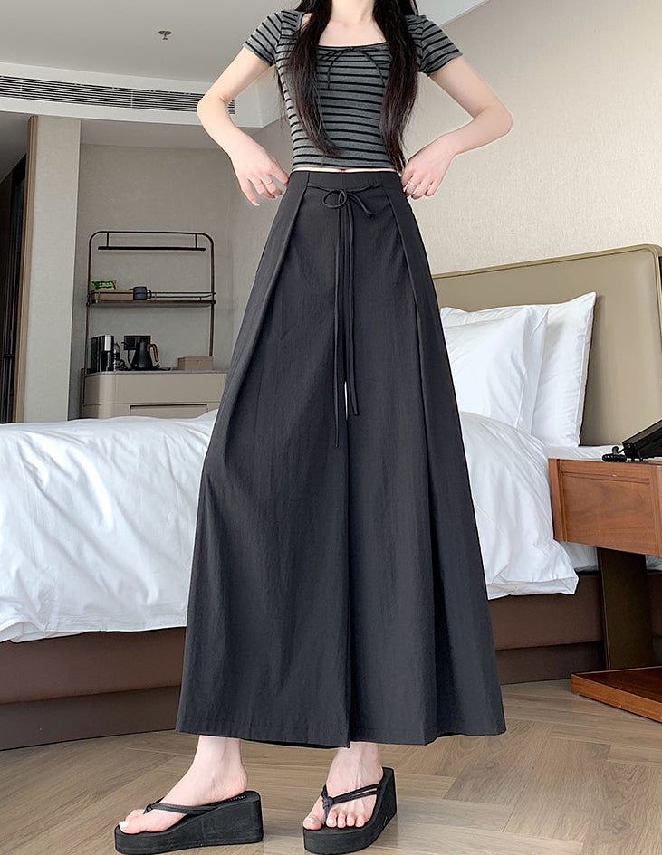 High-Waist Flowy Wide-Leg Pants with Drawstring Tie Waist