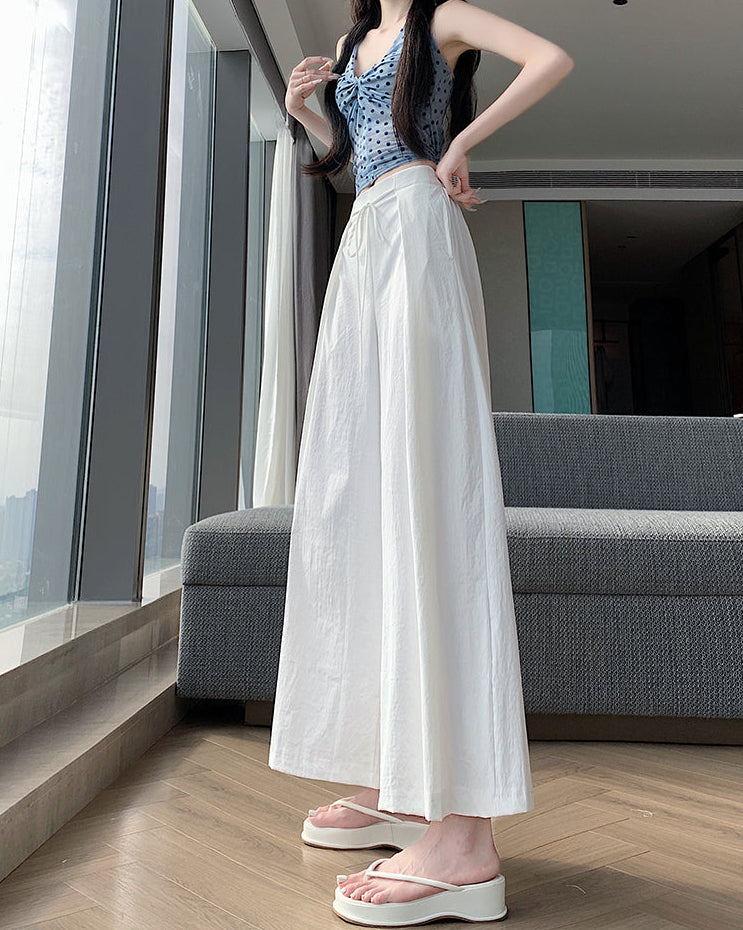High-Waist Flowy Wide-Leg Pants with Drawstring Tie Waist