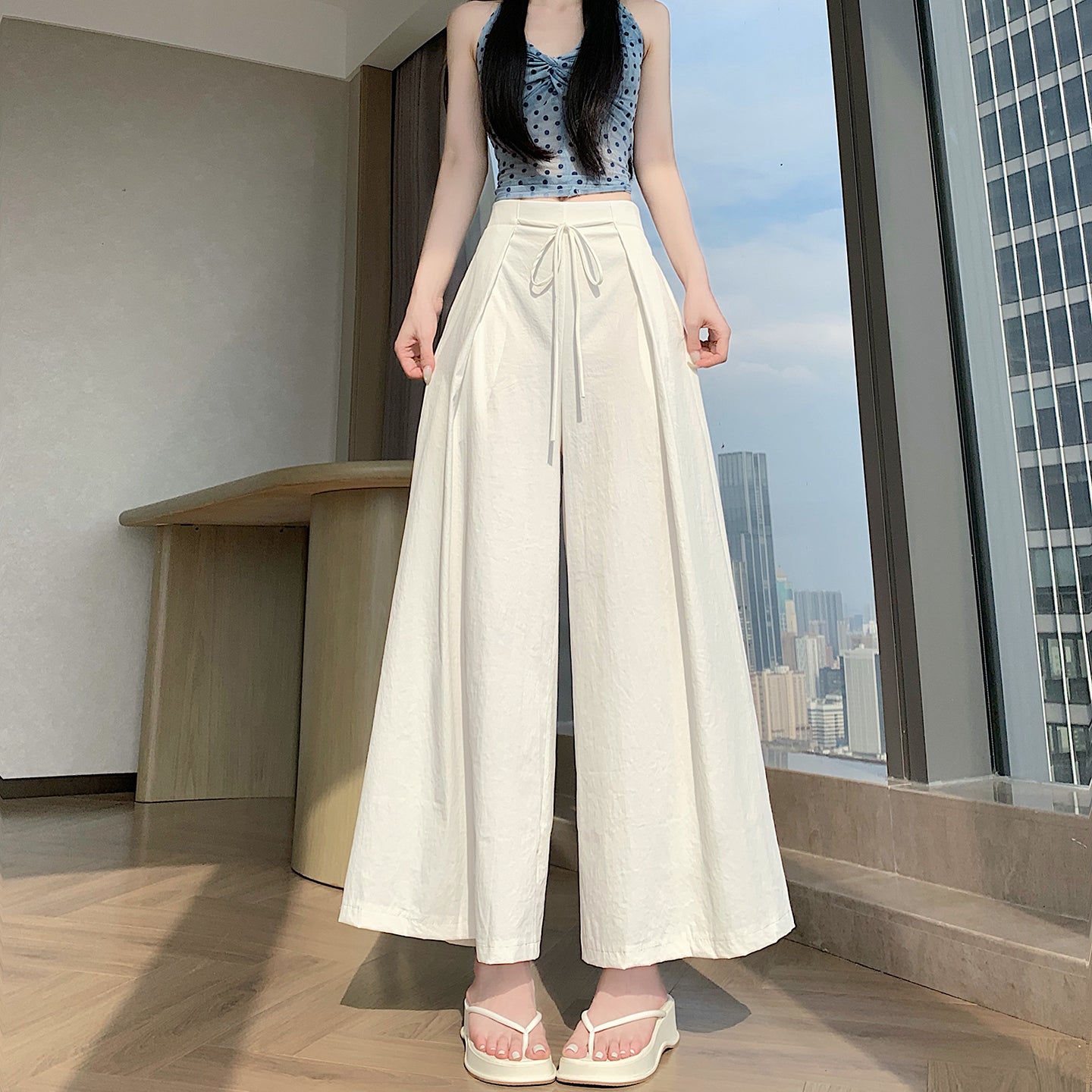 High-Waist Flowy Wide-Leg Pants with Drawstring Tie Waist