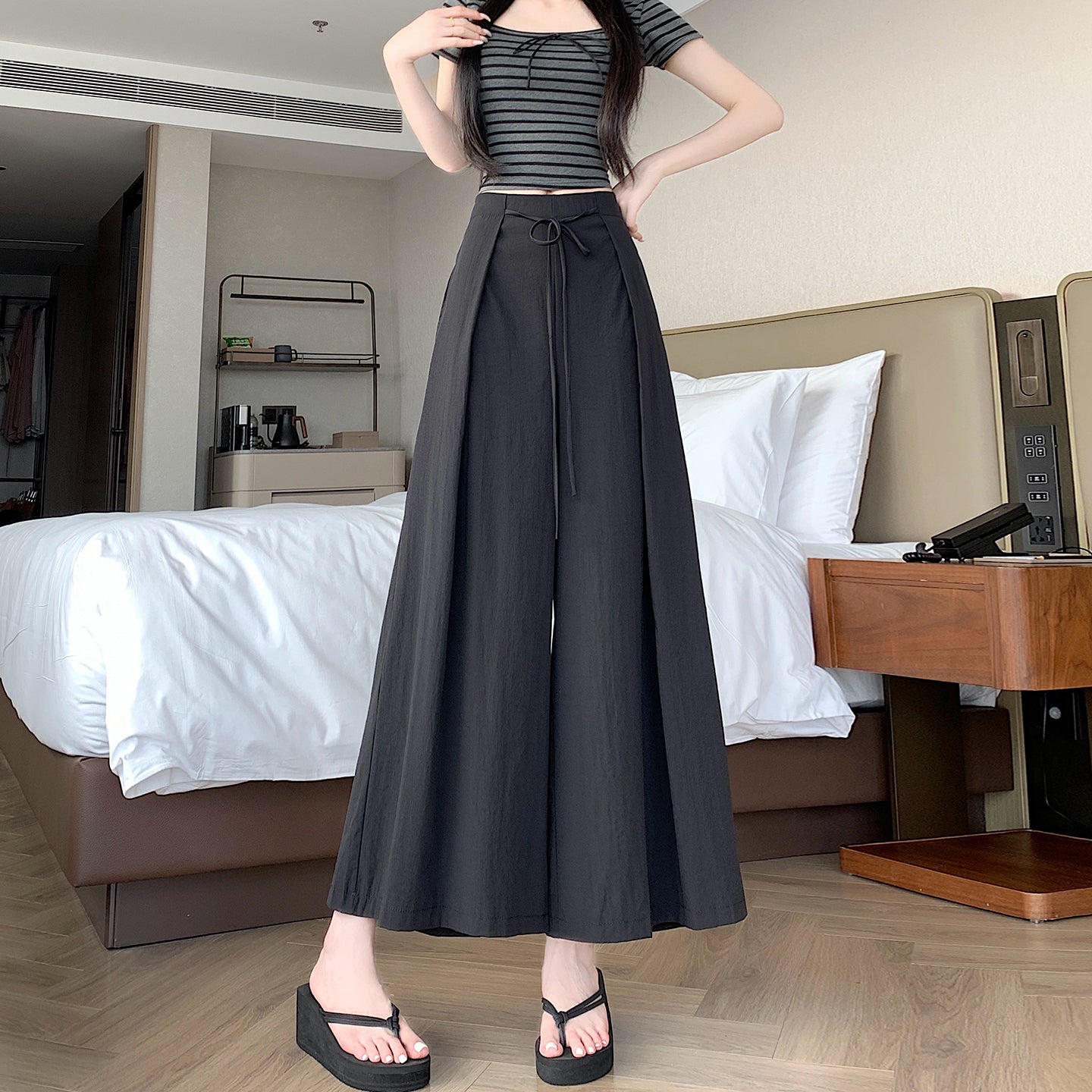 High-Waist Flowy Wide-Leg Pants with Drawstring Tie Waist
