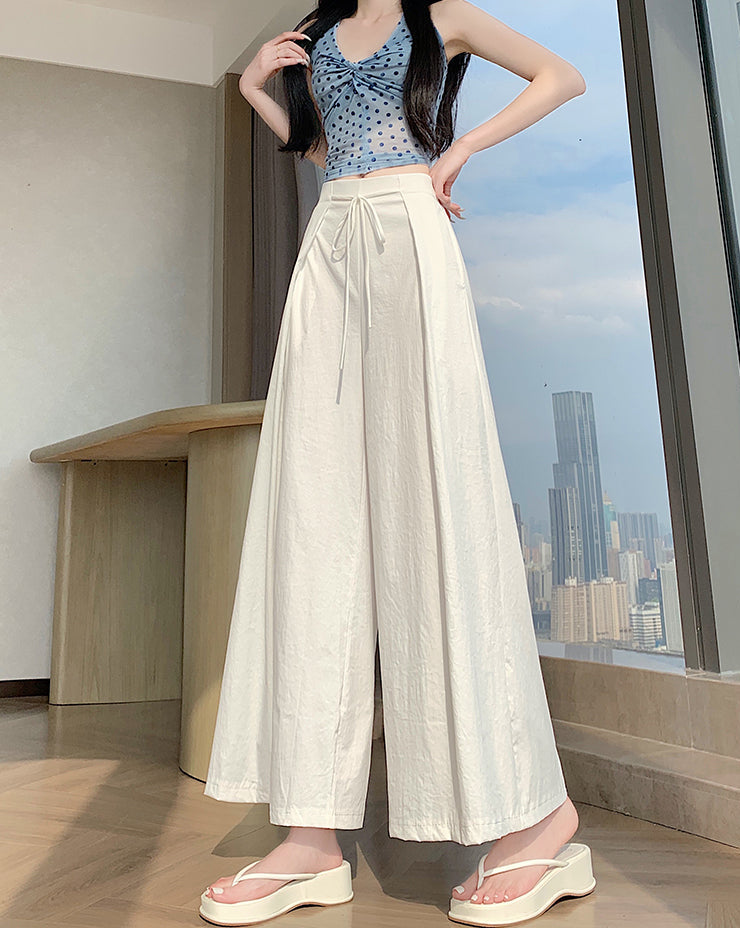 High-Waist Flowy Wide-Leg Pants with Drawstring Tie Waist