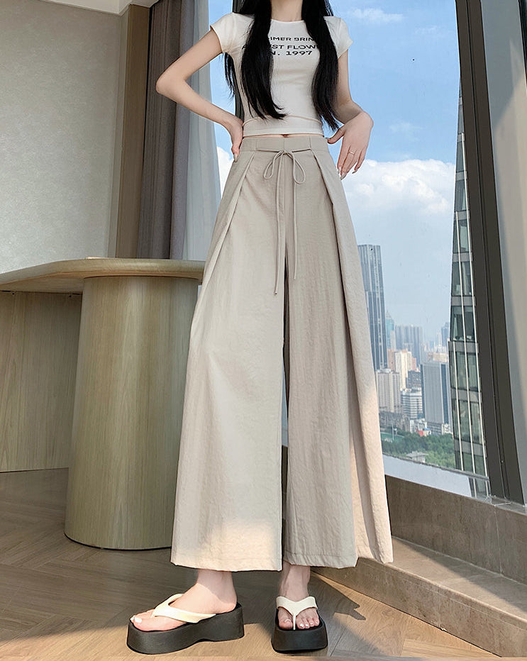 High-Waist Flowy Wide-Leg Pants with Drawstring Tie Waist