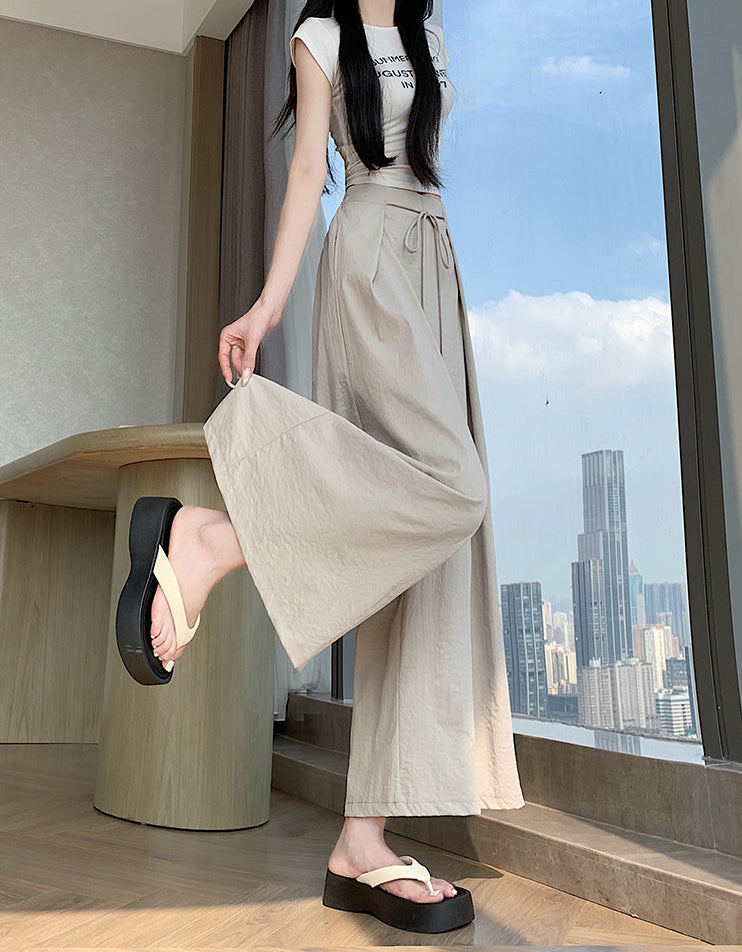 High-Waist Flowy Wide-Leg Pants with Drawstring Tie Waist
