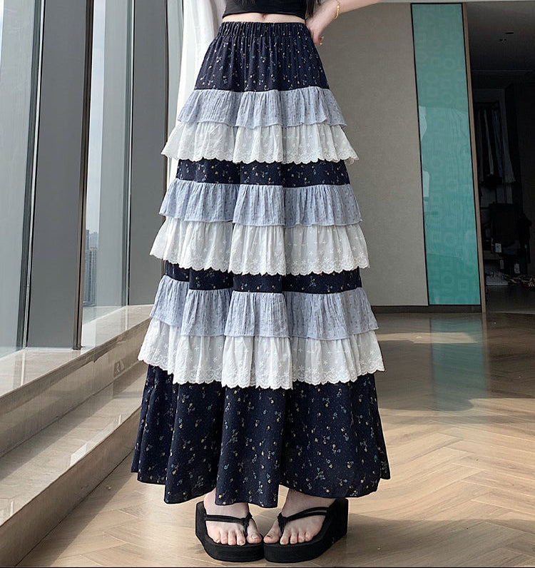 Multi-Layer Patchwork Flowy Long Skirt