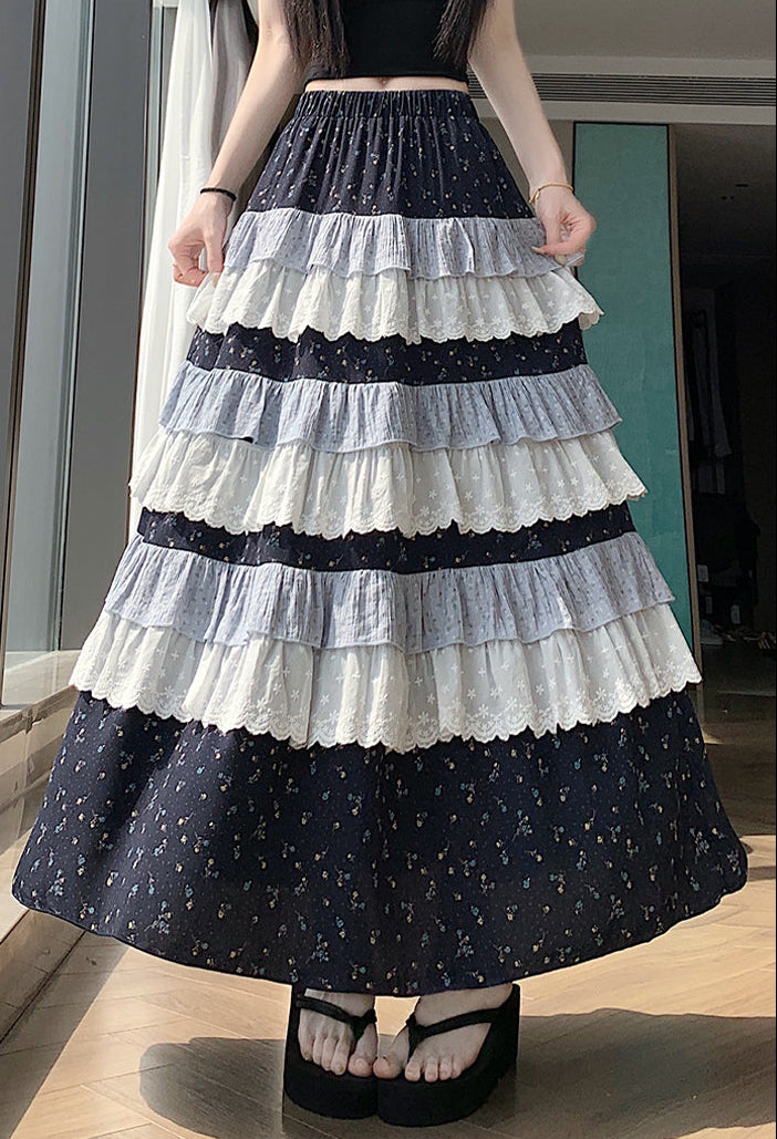 Multi-Layer Patchwork Flowy Long Skirt