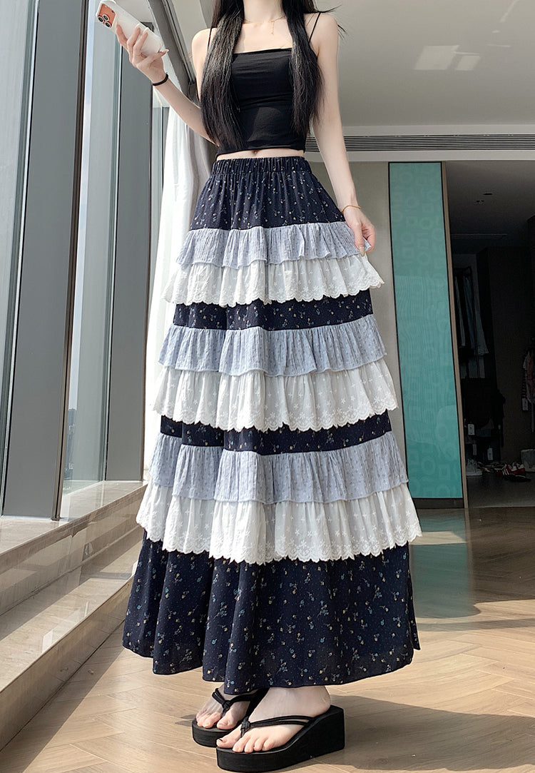 Multi-Layer Patchwork Flowy Long Skirt
