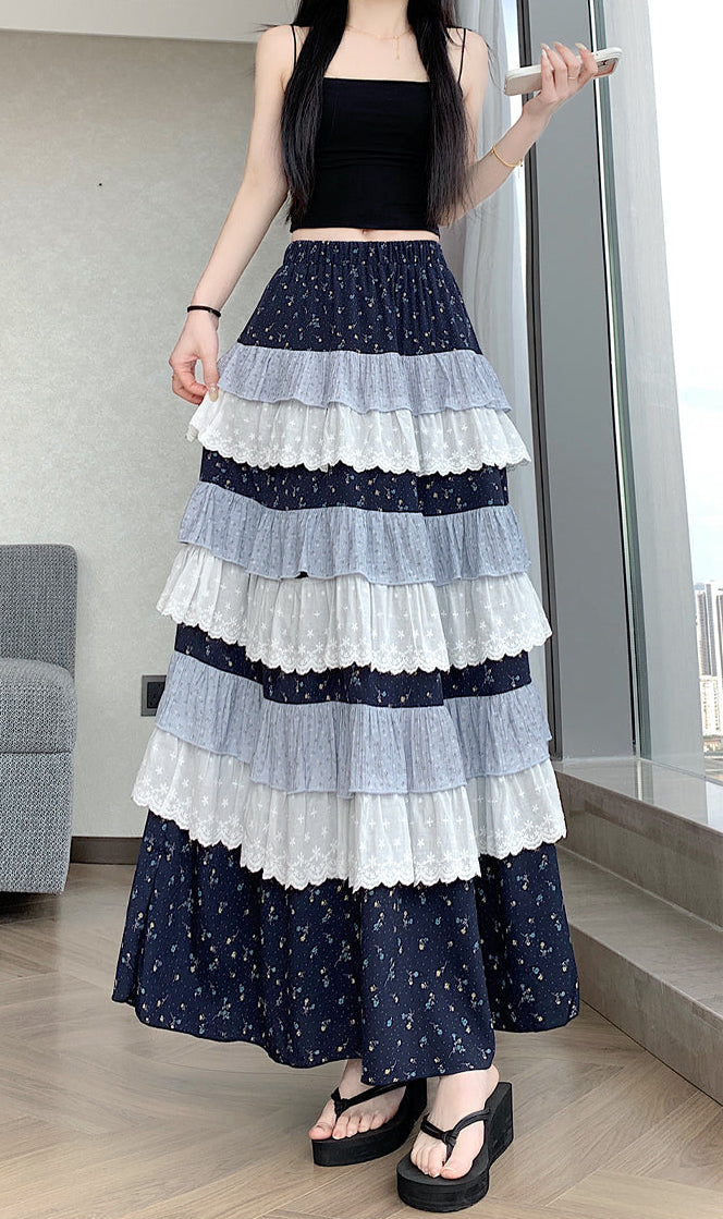 Multi-Layer Patchwork Flowy Long Skirt