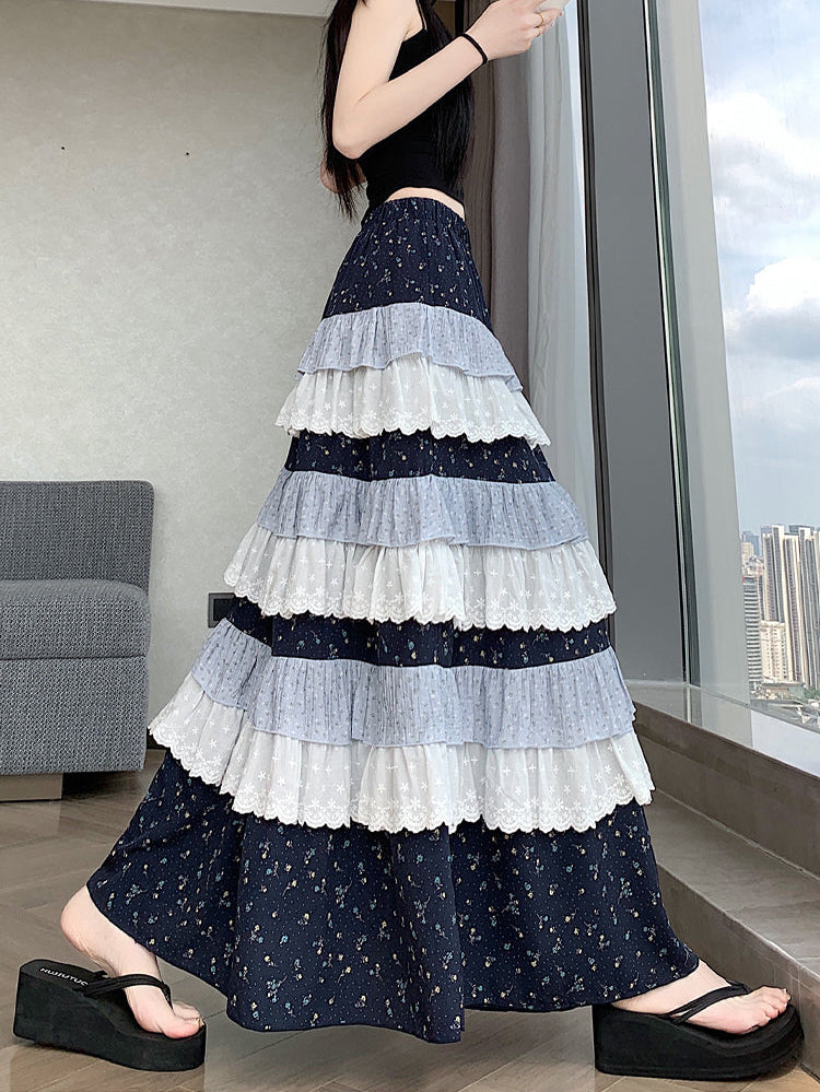 Multi-Layer Patchwork Flowy Long Skirt