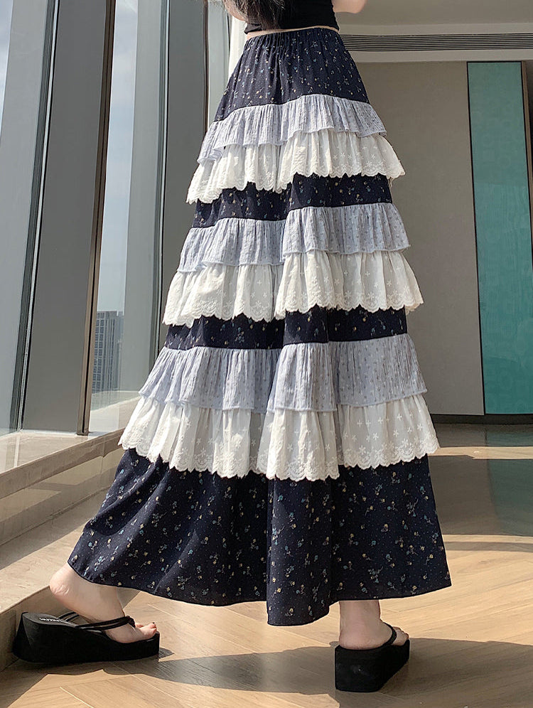 Multi-Layer Patchwork Flowy Long Skirt