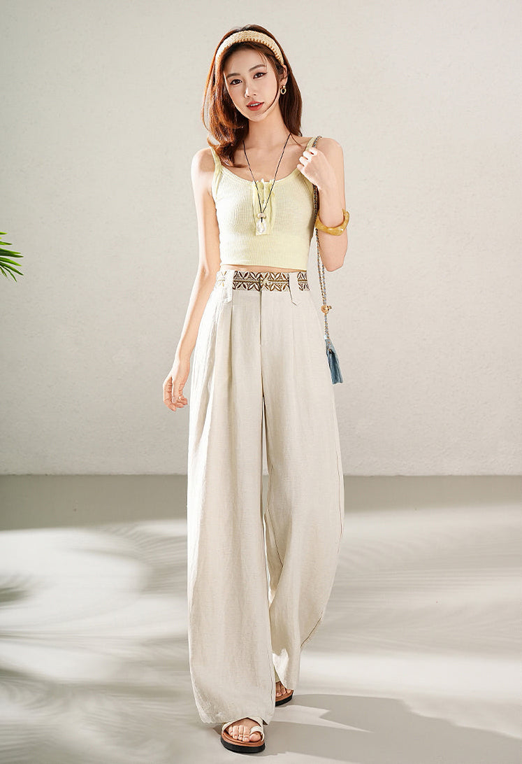 High-Waisted Wide-Leg Linen Pants with Boho Waistband