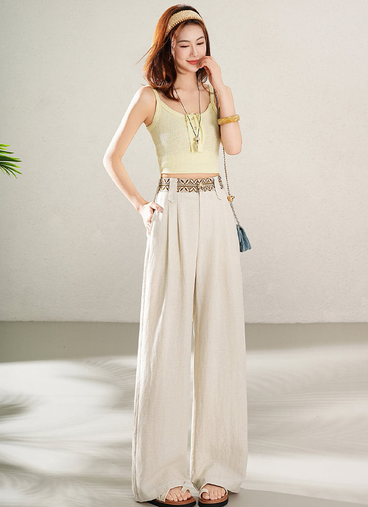 High-Waisted Wide-Leg Linen Pants with Boho Waistband