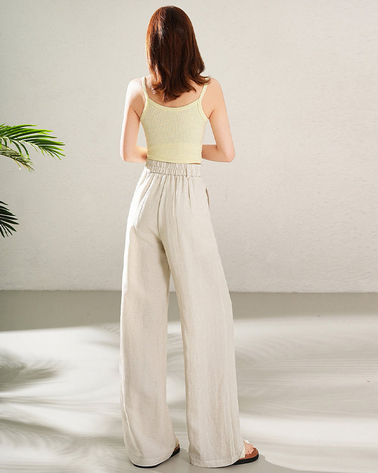 High-Waisted Wide-Leg Linen Pants with Boho Waistband