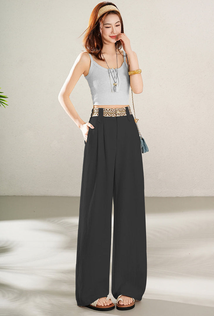High-Waisted Wide-Leg Linen Pants with Boho Waistband