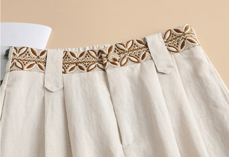 High-Waisted Wide-Leg Linen Pants with Boho Waistband