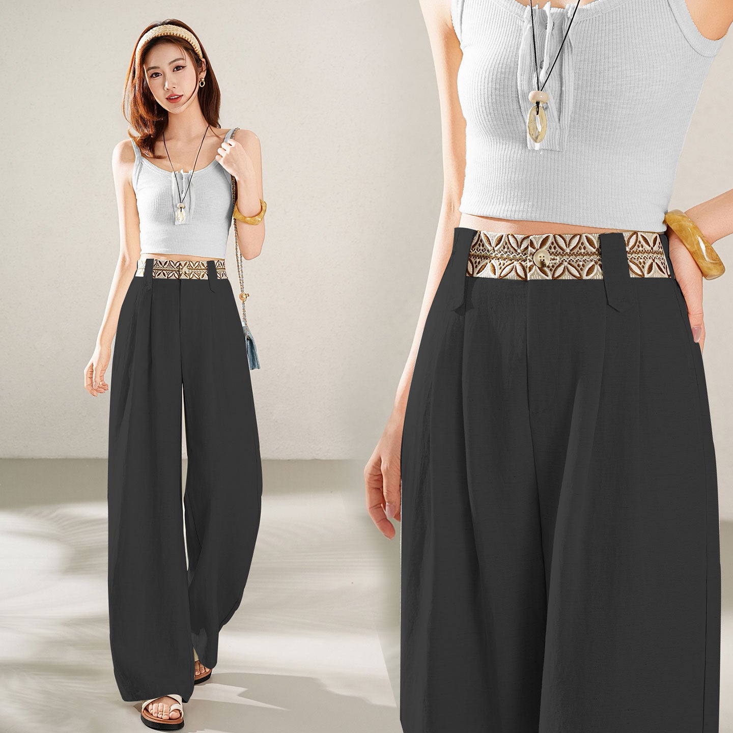 High-Waisted Wide-Leg Linen Pants with Boho Waistband