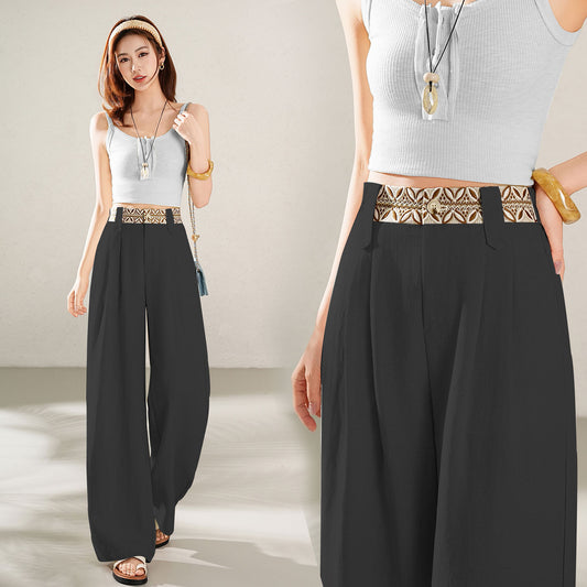 High-Waisted Wide-Leg Linen Pants with Boho Waistband