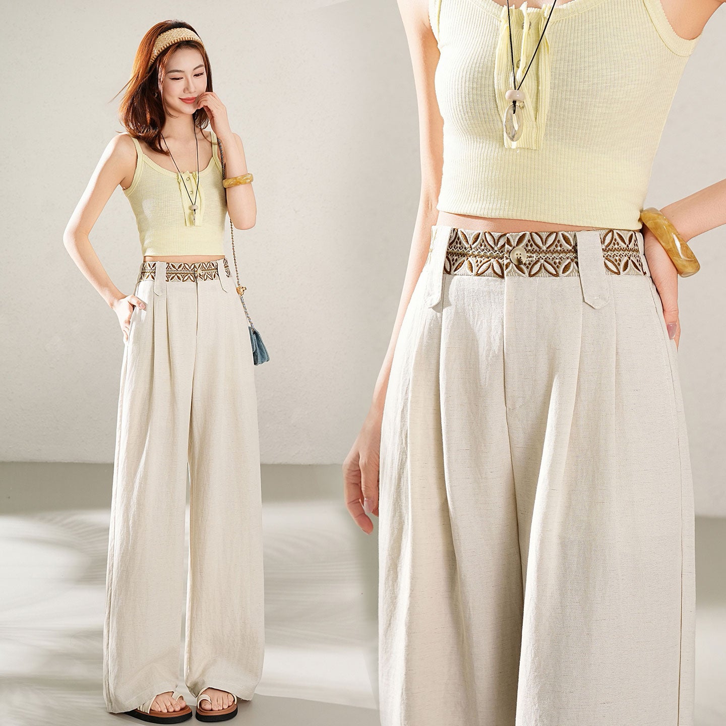High-Waisted Wide-Leg Linen Pants with Boho Waistband
