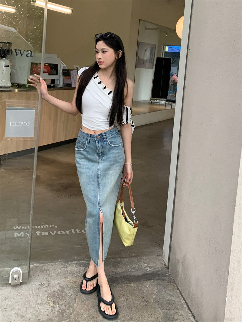 High-waisted Slit Denim Midi Skirt