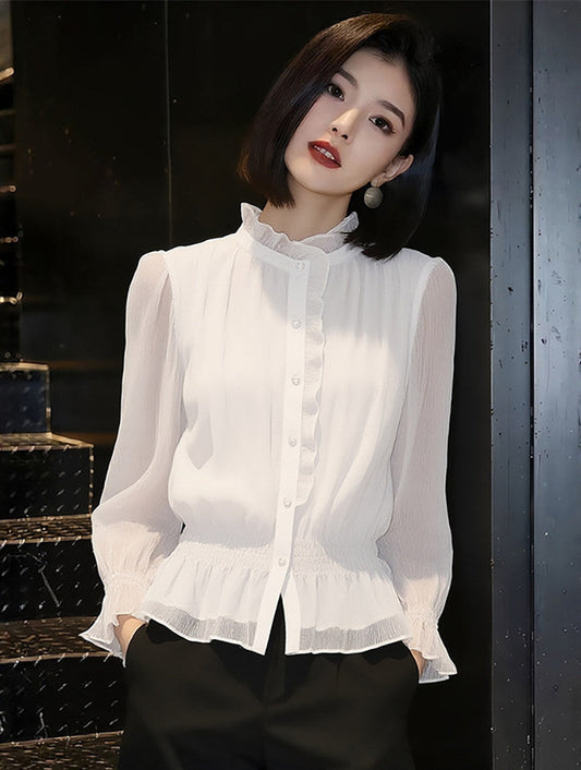 High-Neck Accordion Pleat Office Blouse