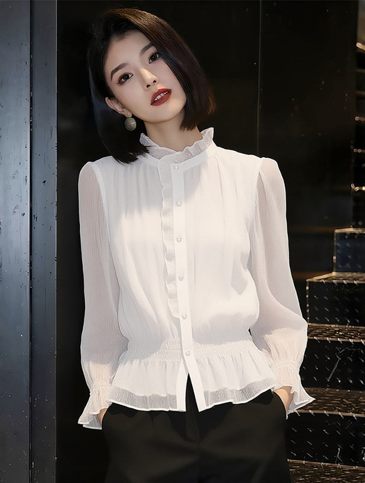 High-Neck Accordion Pleat Office Blouse