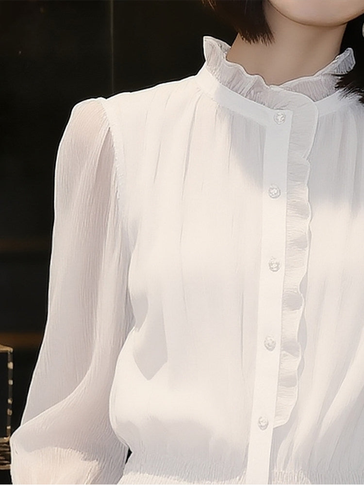 High-Neck Accordion Pleat Office Blouse